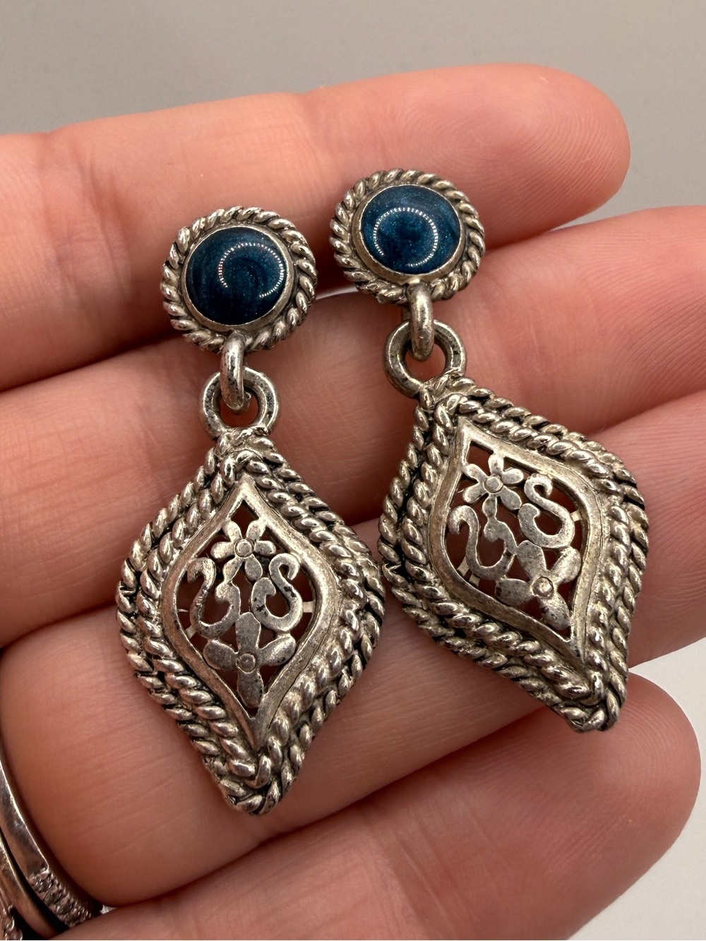Silver-Tone Filigree Drop Earrings with Blue Enamel Accents
